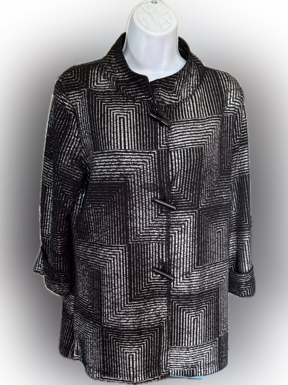 JM Collection Black and Silver 3/4 Sleeve Button Jacket Blouse Size Small